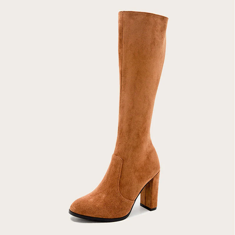 Classic Pointed Toe Chunky High Heel Suede Knee High Boots - Brown - Image 3