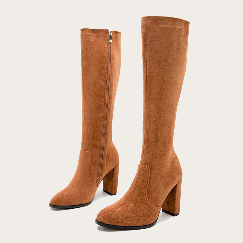 Classic Pointed Toe Chunky High Heel Suede Knee High Boots - Brown - Image 4