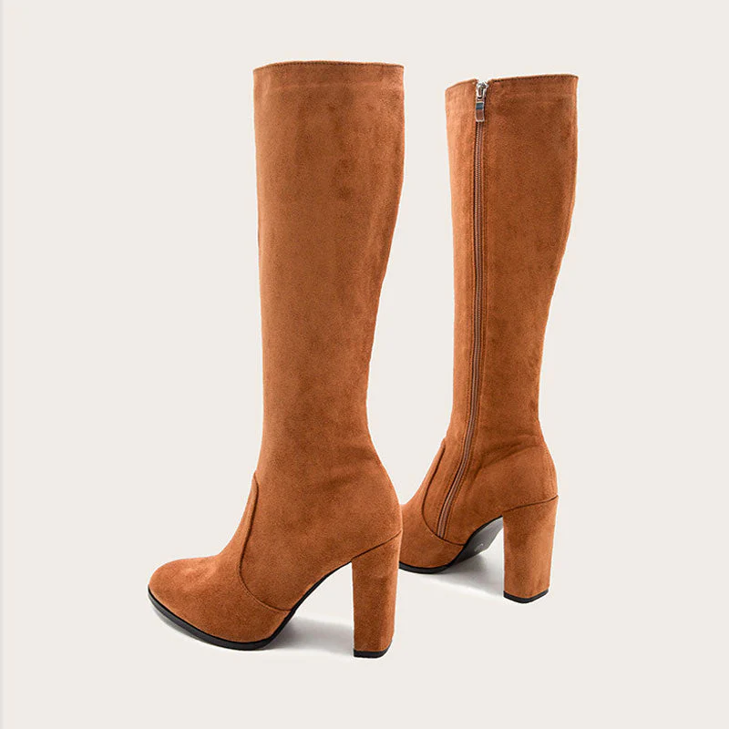 Classic Pointed Toe Chunky High Heel Suede Knee High Boots - Brown - Image 5