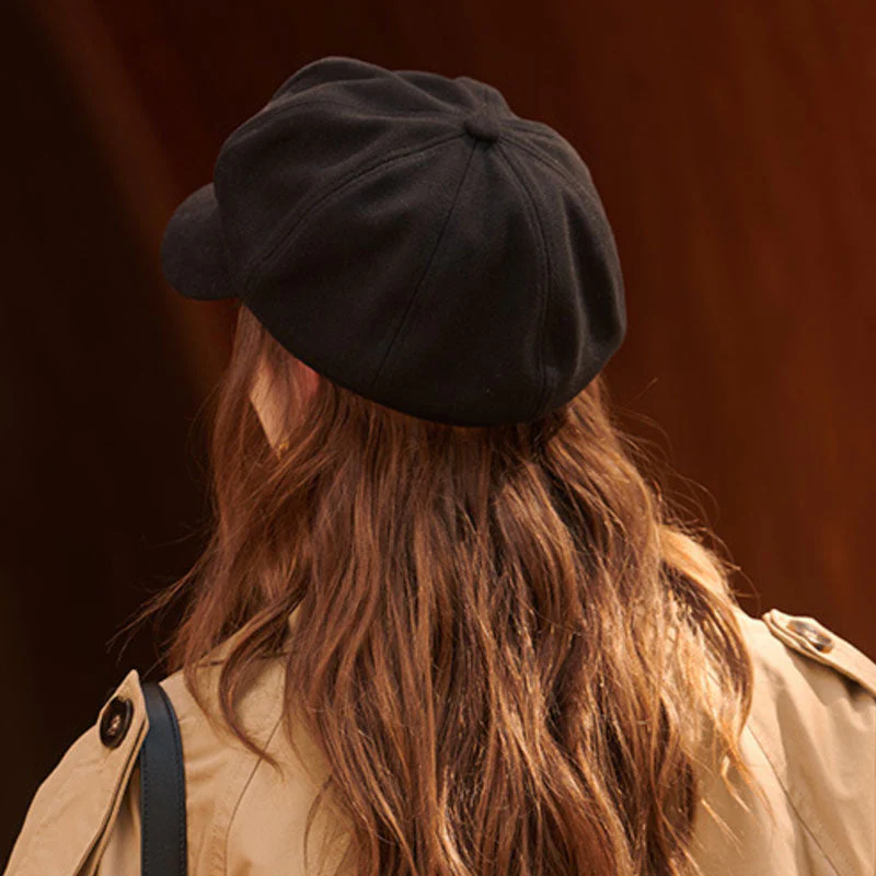 Classic Pure Color Fishbone Textured Woolen Blend Newsboy Hat - Image 3