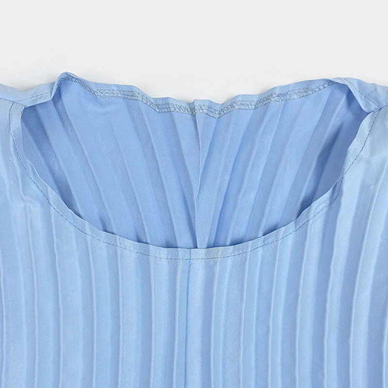 Classic Round Neck Short Sleeve Tie Waist Wavy Pleated Midi Dress - Image 5