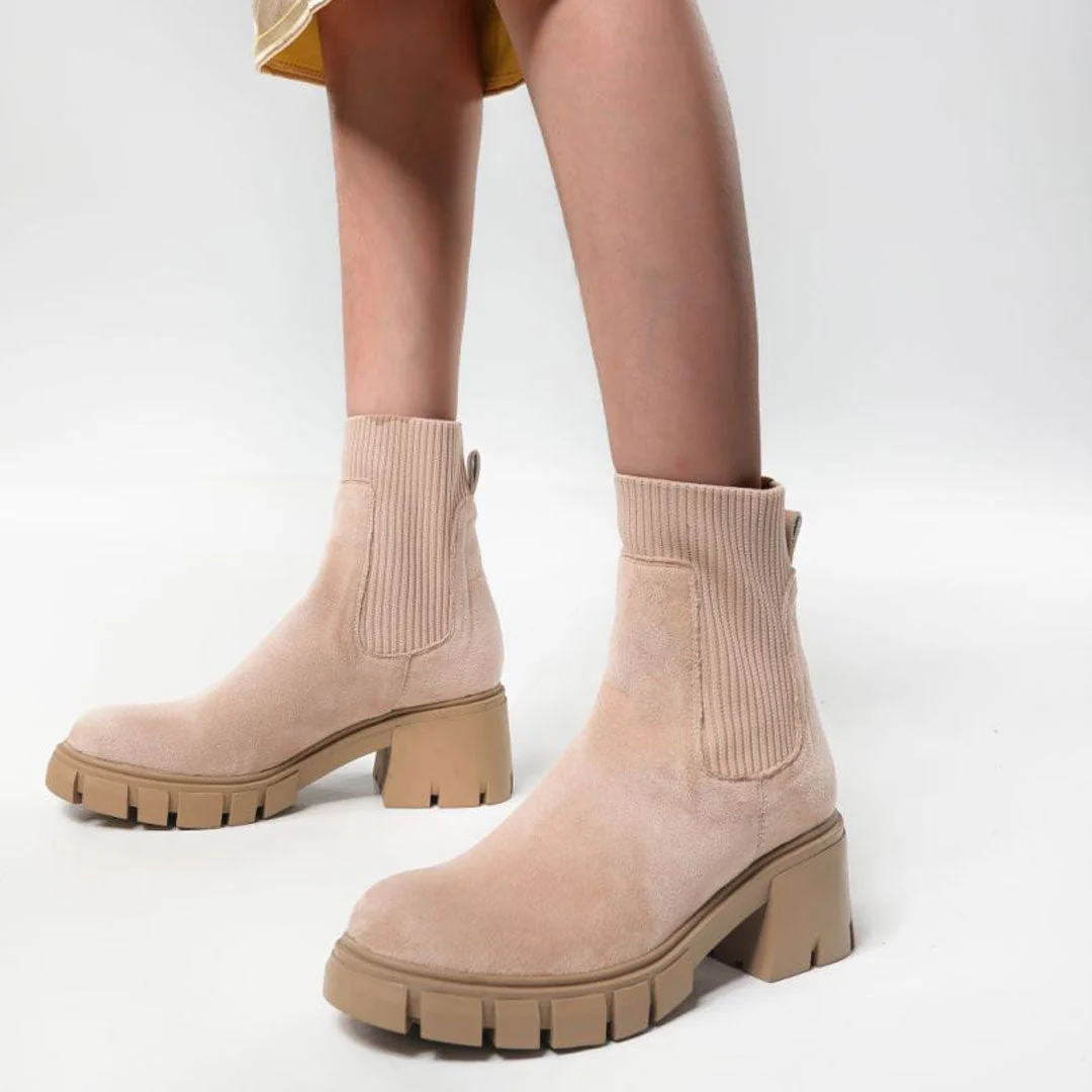 Classic Round Toe Lug Sole Suede Knit Sock Ankle Boots - Apricot - Image 2