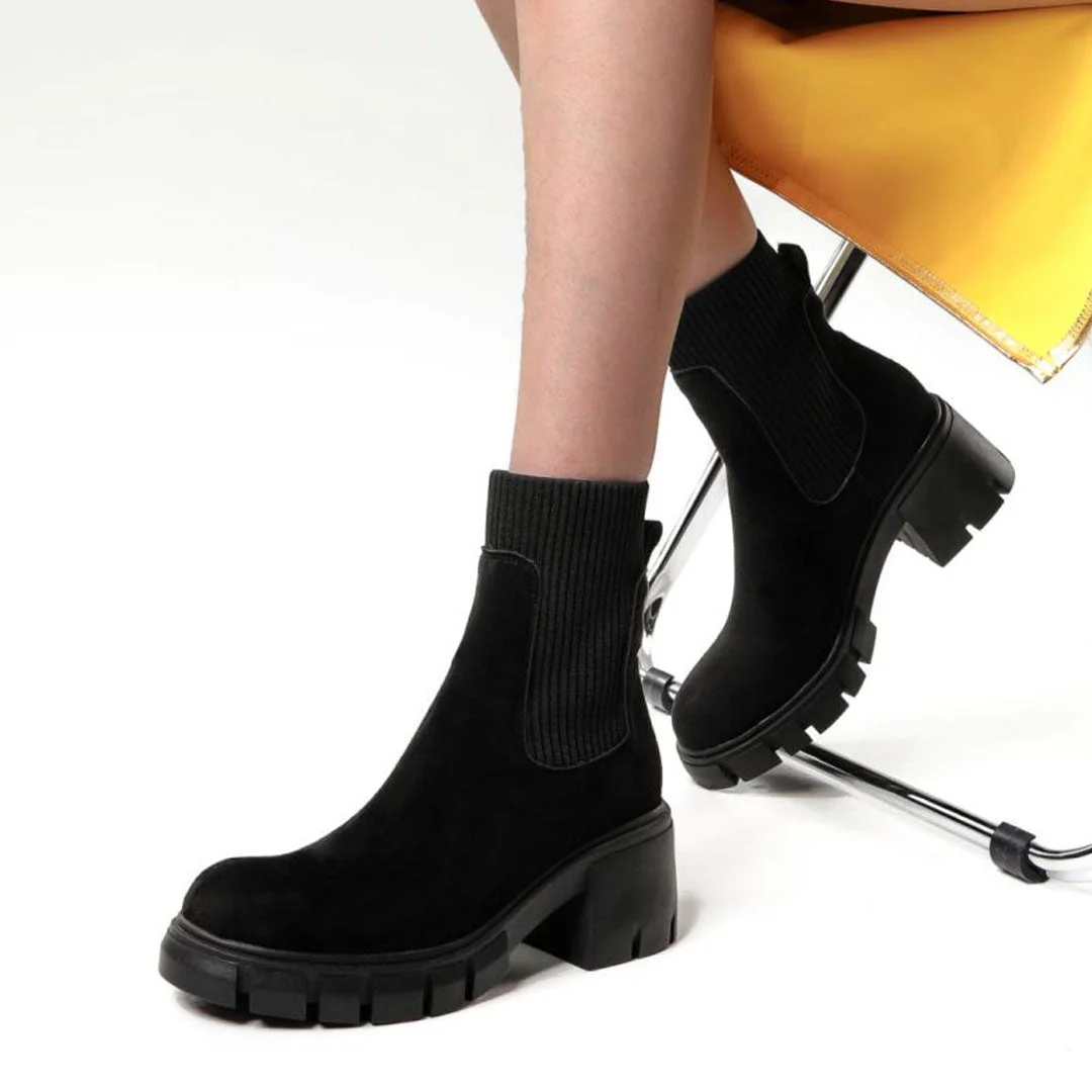 Classic Round Toe Lug Sole Suede Knit Sock Ankle Boots - Black - Image 2