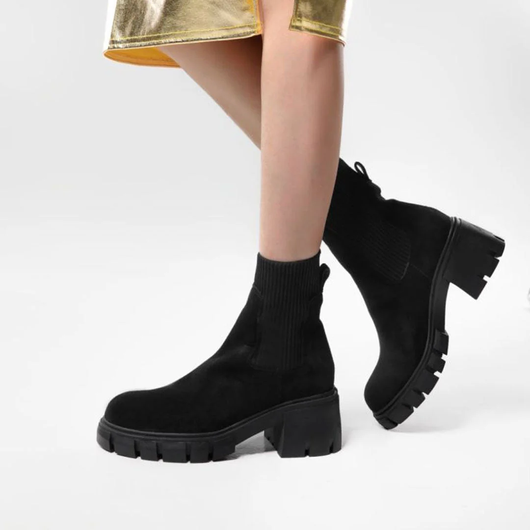 Classic Round Toe Lug Sole Suede Knit Sock Ankle Boots - Black - Image 3