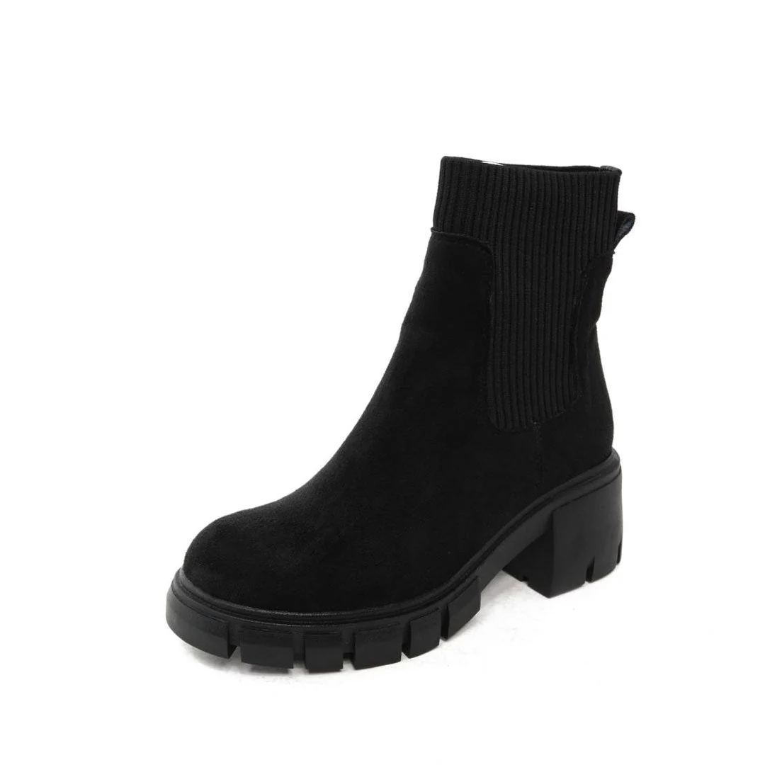 Classic Round Toe Lug Sole Suede Knit Sock Ankle Boots - Black - Image 4