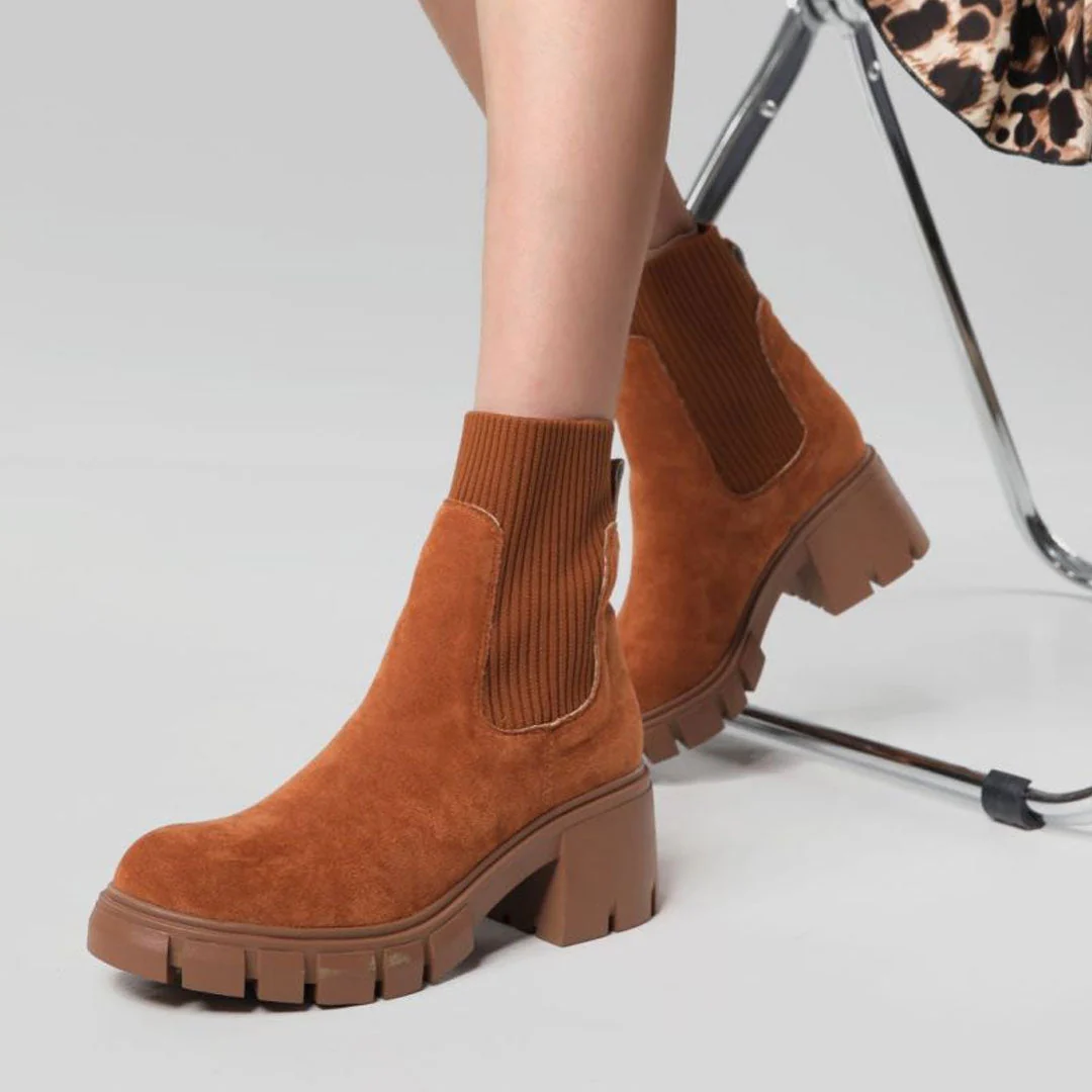 Classic Round Toe Lug Sole Suede Knit Sock Ankle Boots - Brown - Image 4