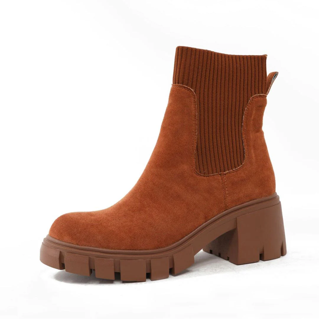 Classic Round Toe Lug Sole Suede Knit Sock Ankle Boots - Brown - Image 5