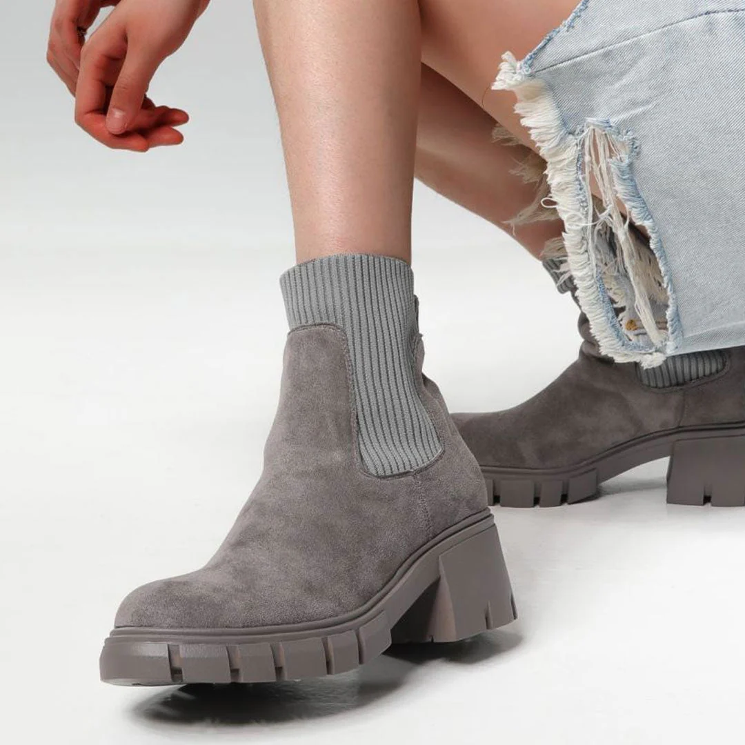 Classic Round Toe Lug Sole Suede Knit Sock Ankle Boots - Gray - Image 3