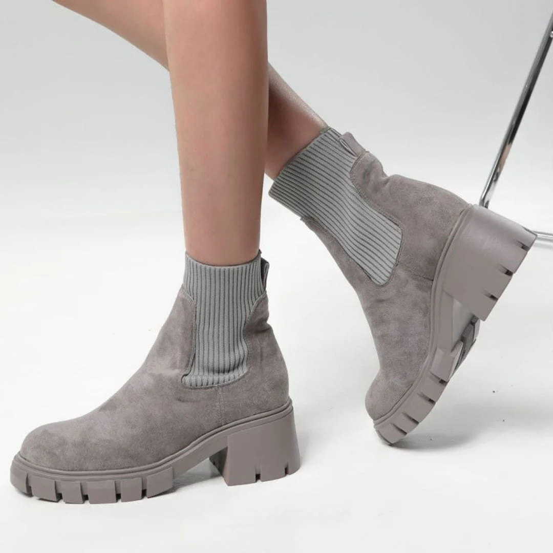 Classic Round Toe Lug Sole Suede Knit Sock Ankle Boots - Gray - Image 4