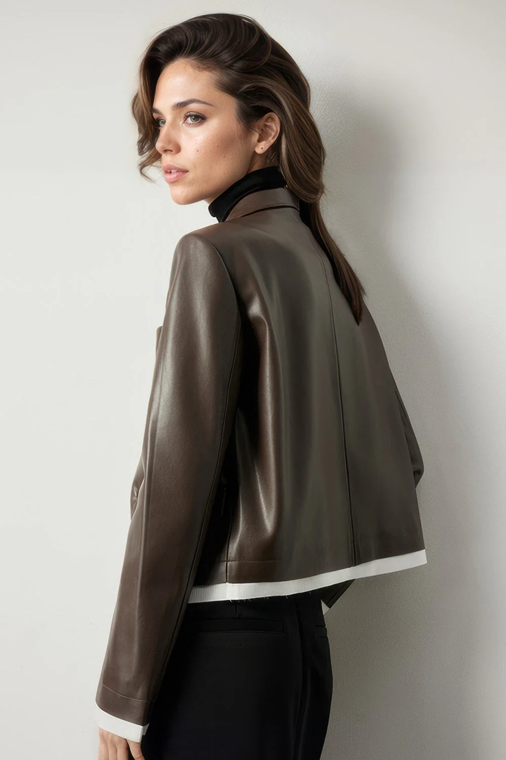 Classic Short Leather Jacket - Brown - Image 2