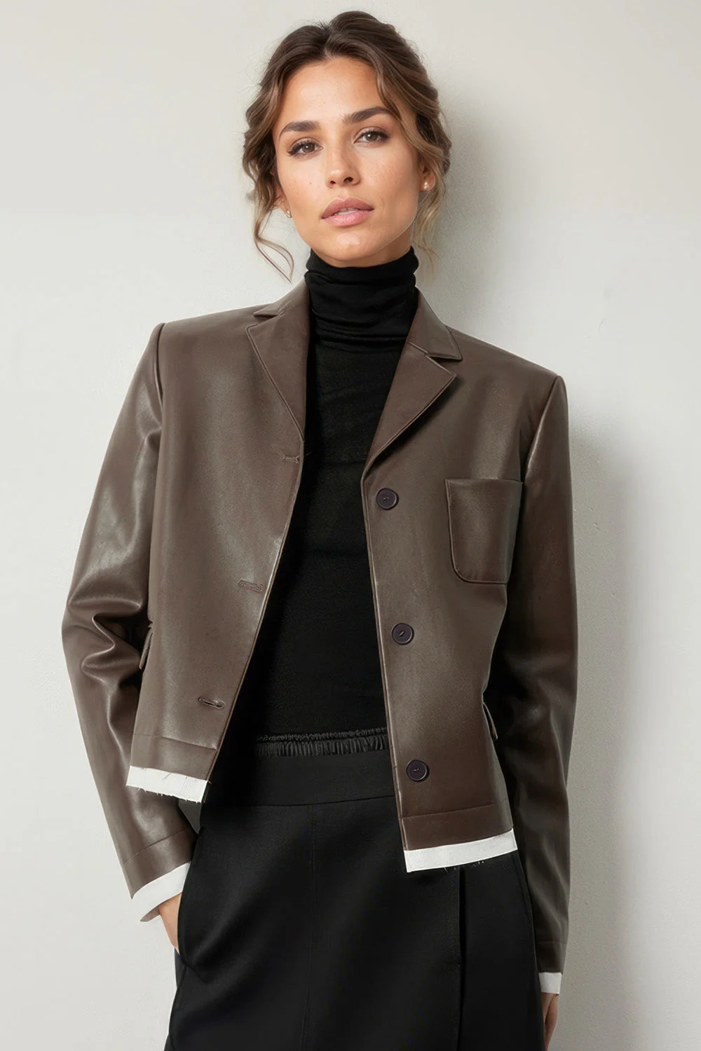 Classic Short Leather Jacket - Brown - Image 3