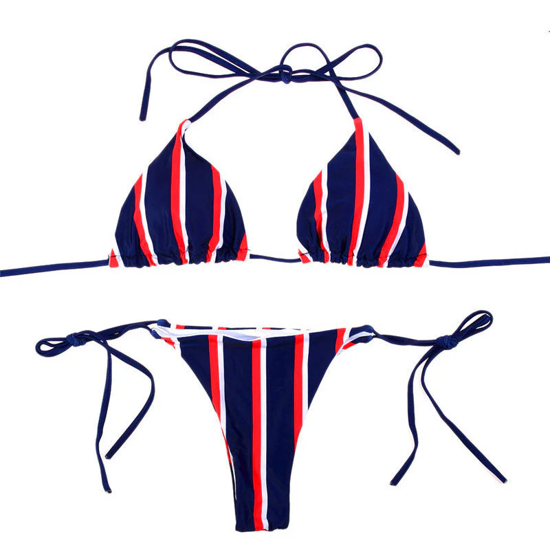 Classic Striped Tie String Sliding Triangle Bikini Set - Dark Blue - Image 3
