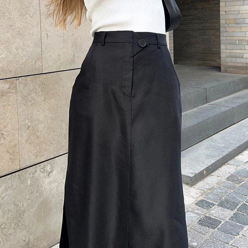 Classic Style High Waist Side Pocket Split Maxi Skirt - Black - Image 3