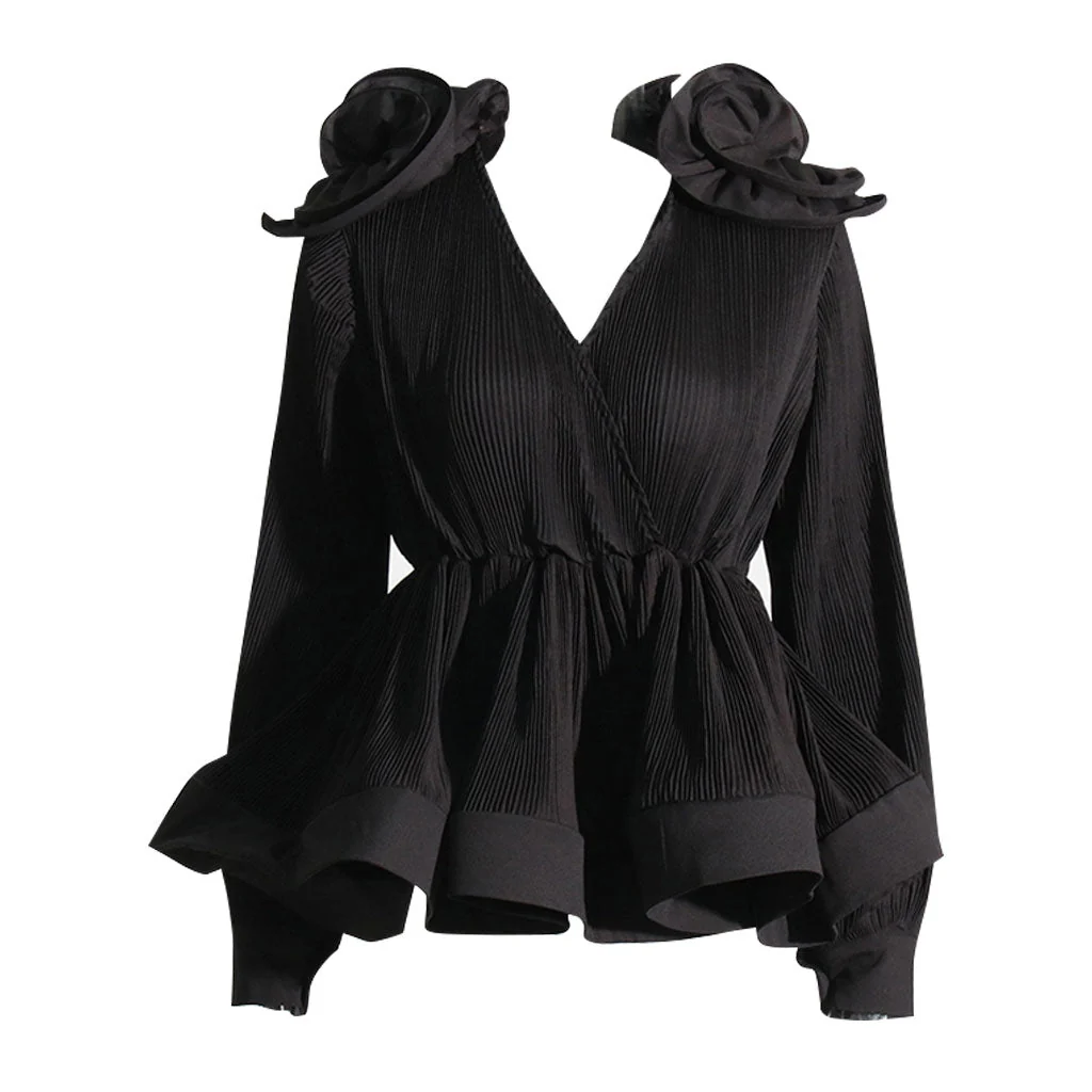Classy 3D Ruffle Rosette V Neck Long Sleeve Pleated Peplum Blouse - Image 3