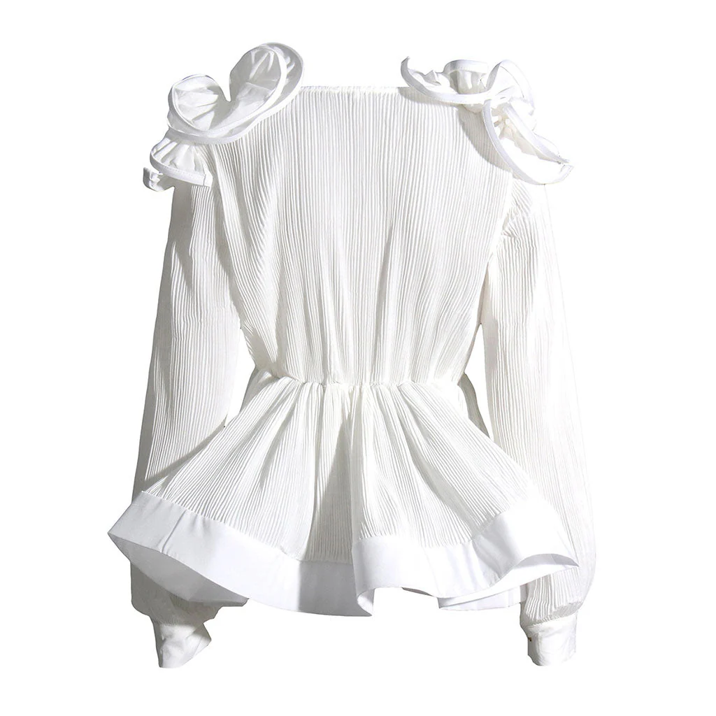 Classy 3D Ruffle Rosette V Neck Long Sleeve Pleated Peplum Blouse - Image 4