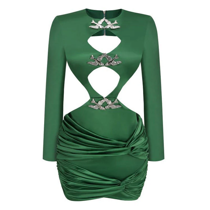 Classy Bird Detail Long Sleeve Twist Ruched CutOut Satin Mini Dress - Image 5