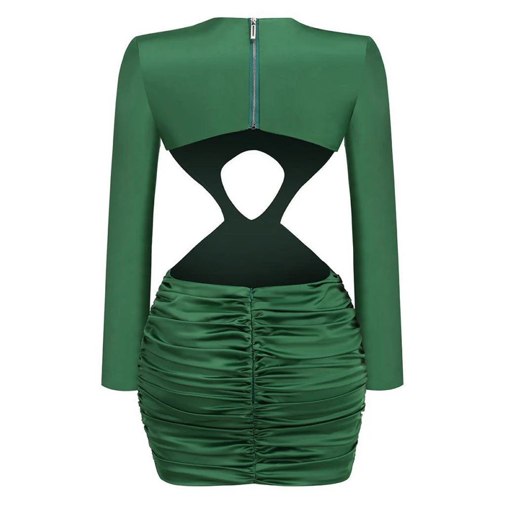 Classy Bird Detail Long Sleeve Twist Ruched CutOut Satin Mini Dress - Image 6