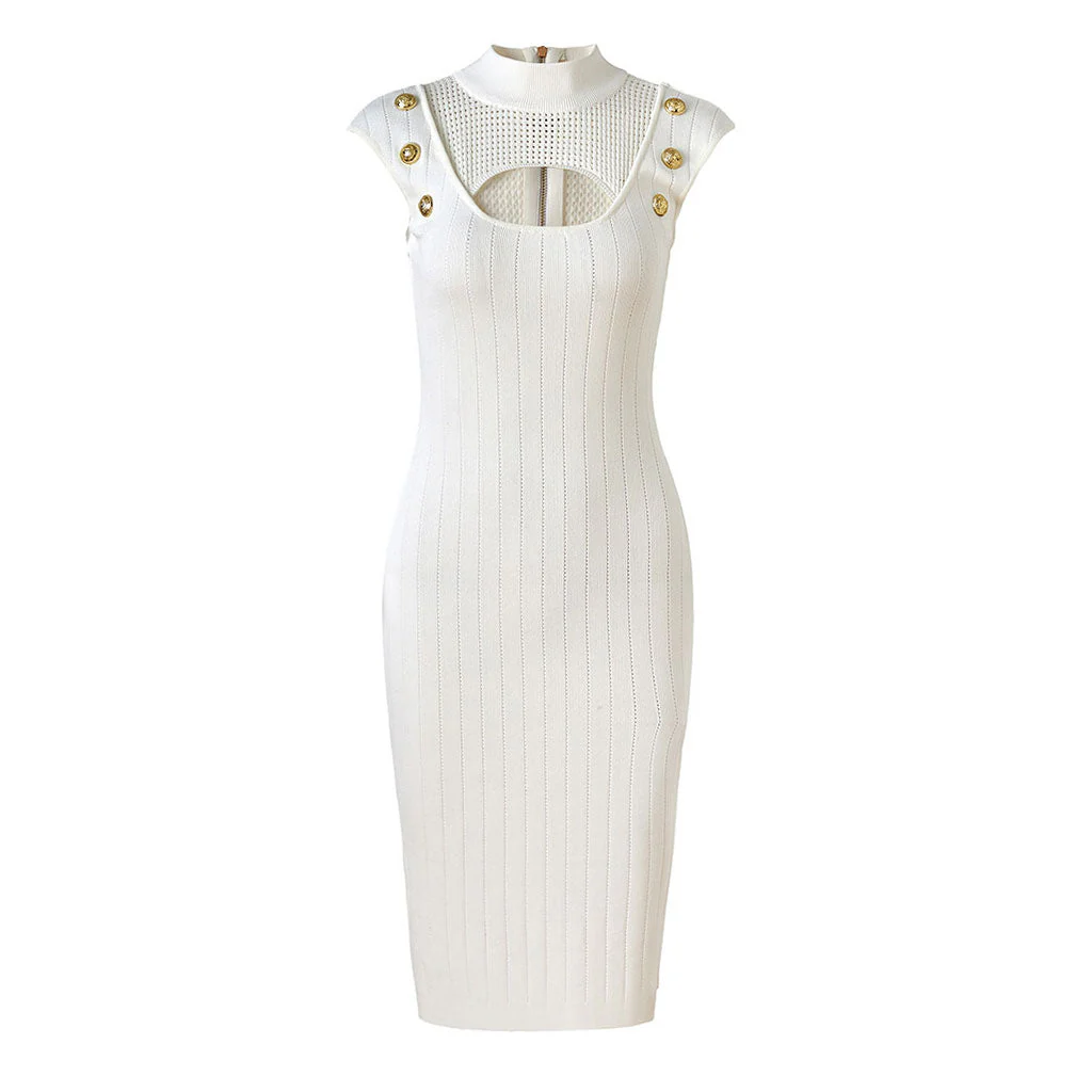 Classy Button Detail High Neck Cape Sleeve Open Knit Keyhole Sweater Midi Dress - Image 2