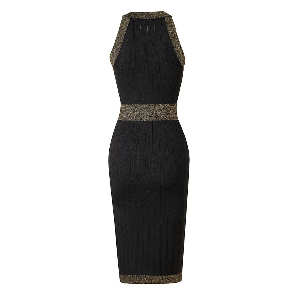 Classy Button Detail Lurex Trim Crew Neck Sleeveless Bodycon Midi Sweater Dress - Image 3