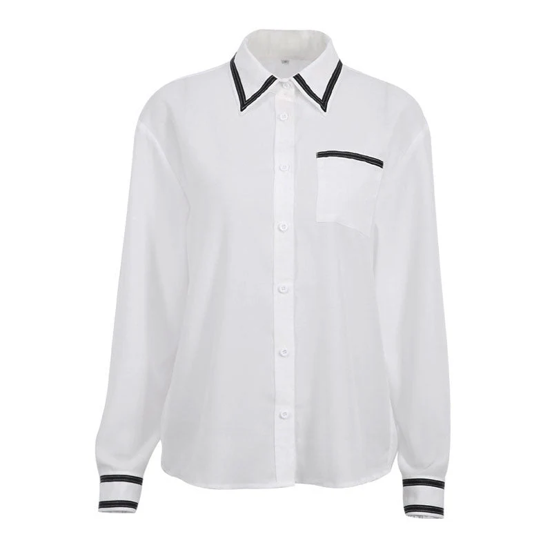 Classy Chiffon Contrast Trim Pointed Collar Long Sleeve Blouse - White - Image 3