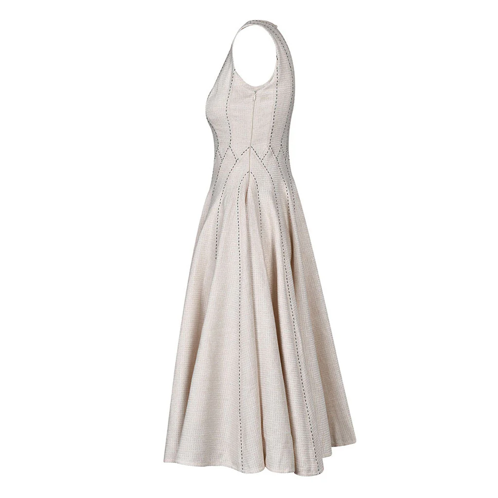 Classy Contrast Stitching Crew Neck Fit and Flare Sleeveless Midi Tweed Dress - Image 2