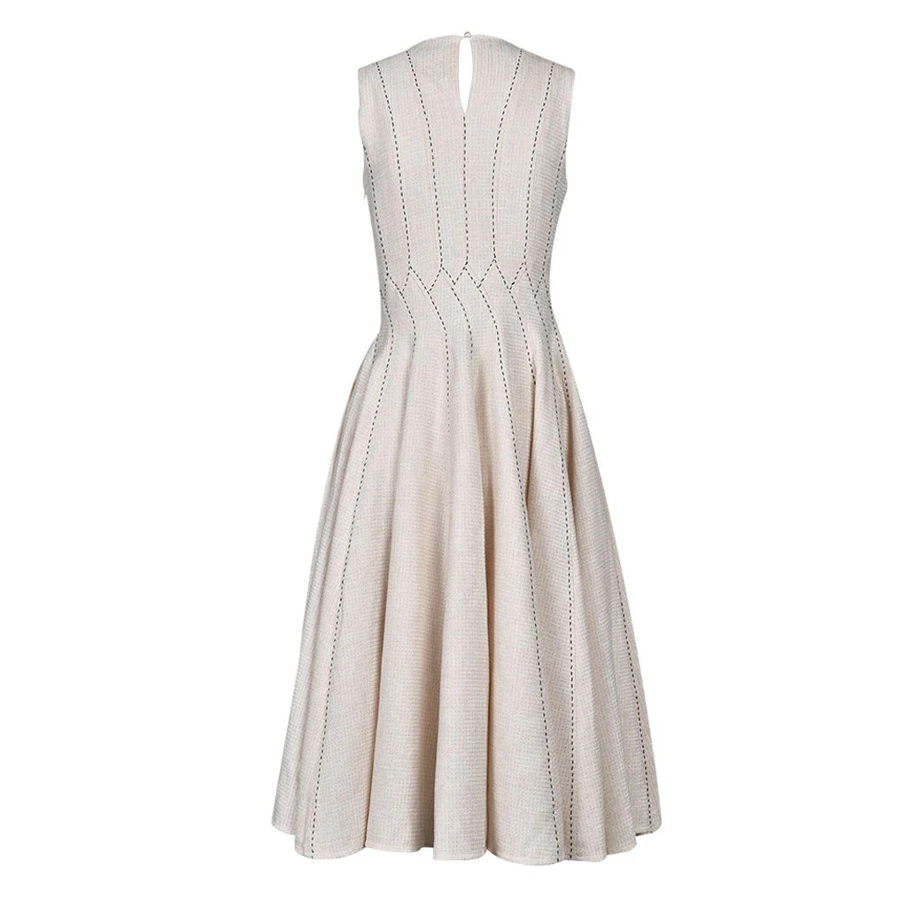 Classy Contrast Stitching Crew Neck Fit and Flare Sleeveless Midi Tweed Dress - Image 3