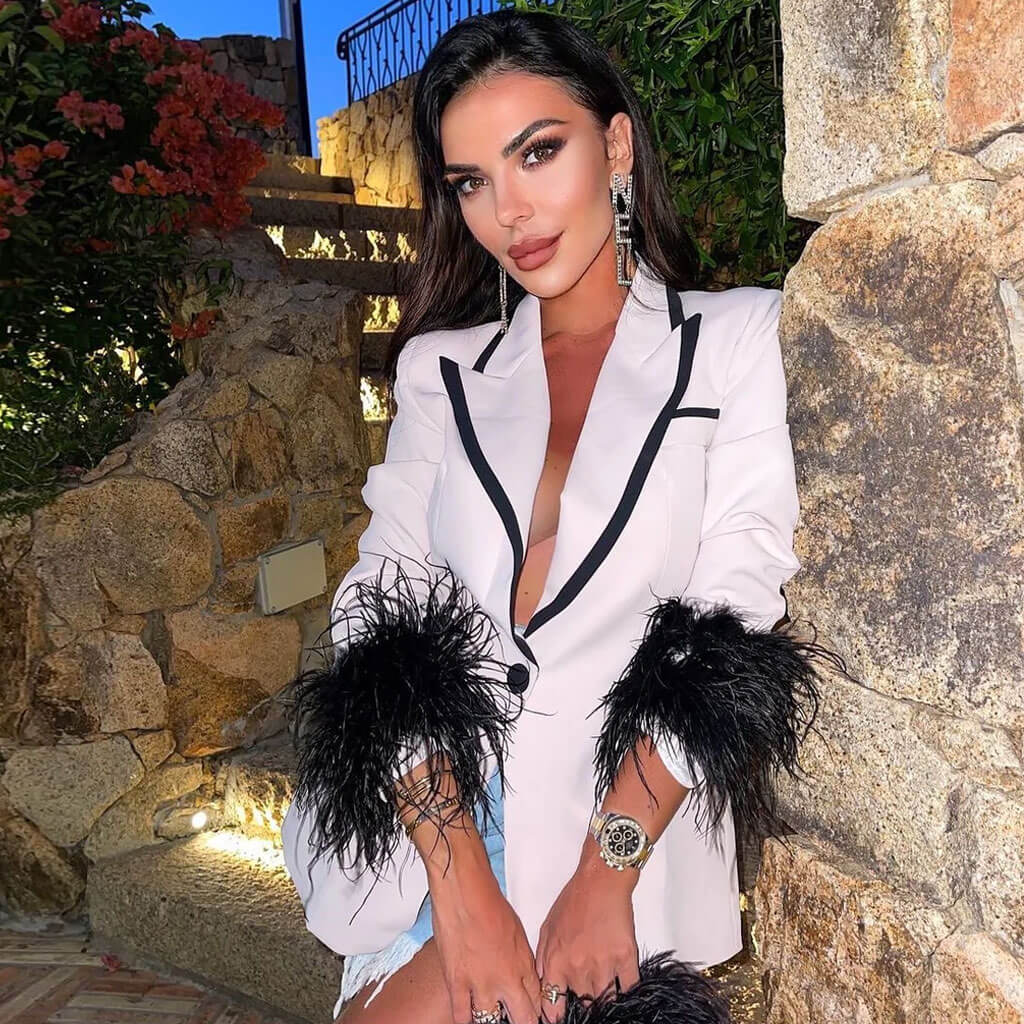 Classy Contrast Trim Faux Feather Cuff Single Breasted Tailored Blazer - Light Pink - Image 2