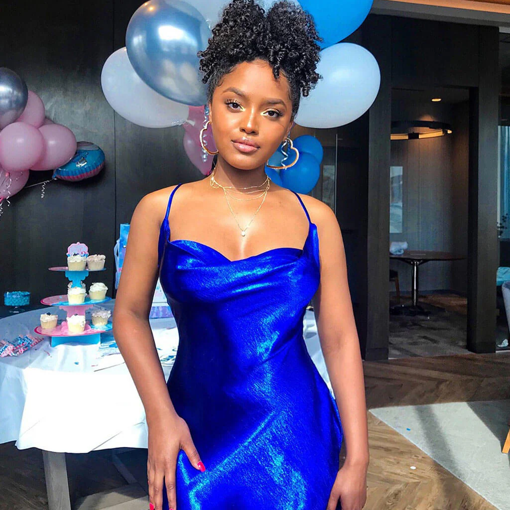 Classy Cowl Neck Tie String Backless Silky Slip Maxi Dress - Blue - Image 2