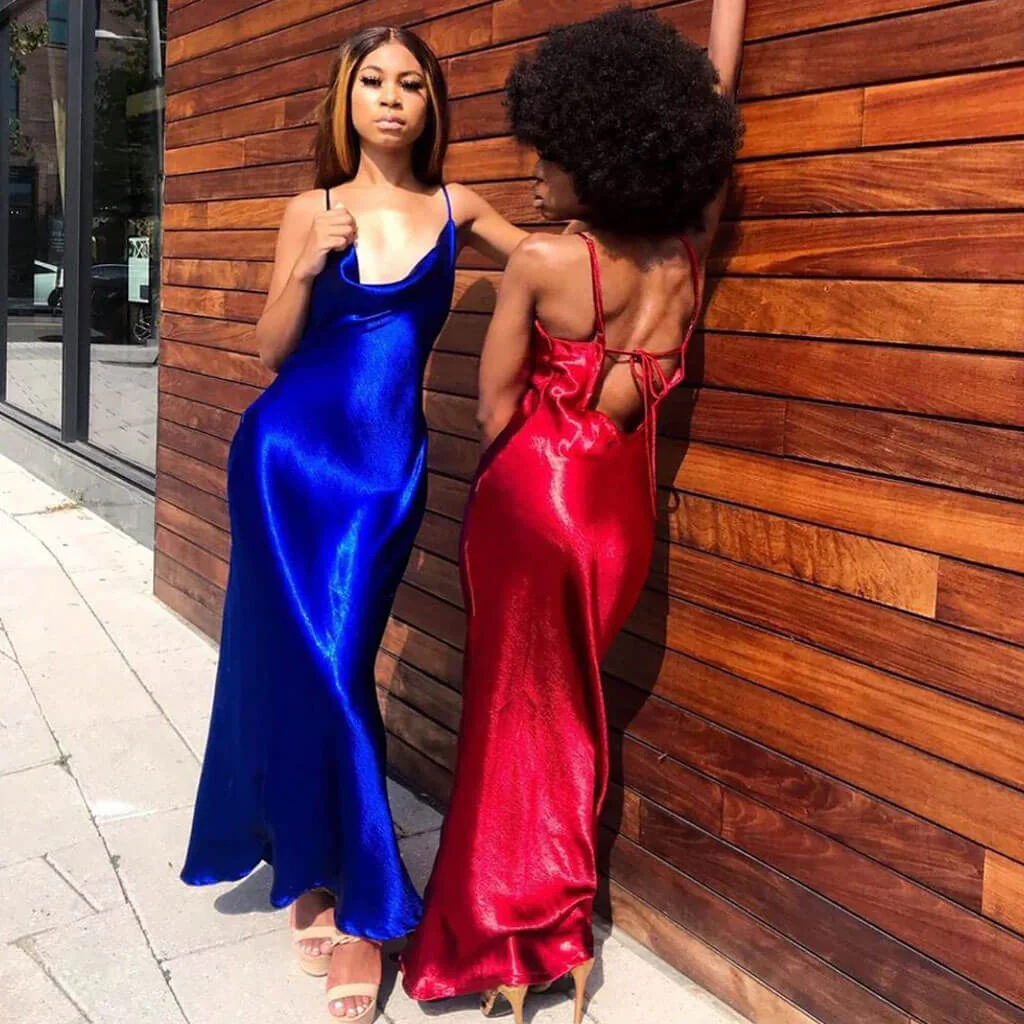 Classy Cowl Neck Tie String Backless Silky Slip Maxi Dress - Blue - Image 3