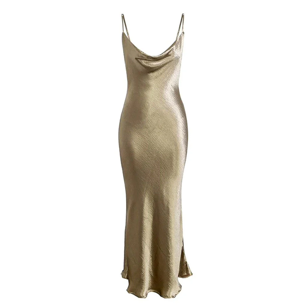 Classy Cowl Neck Tie String Backless Silky Slip Maxi Dress - Champagne - Image 3