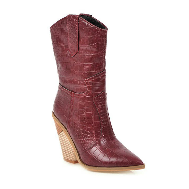 Classy Croc Effect Geometric Heel Mid Calf Western Boots - Burgundy - Image 2