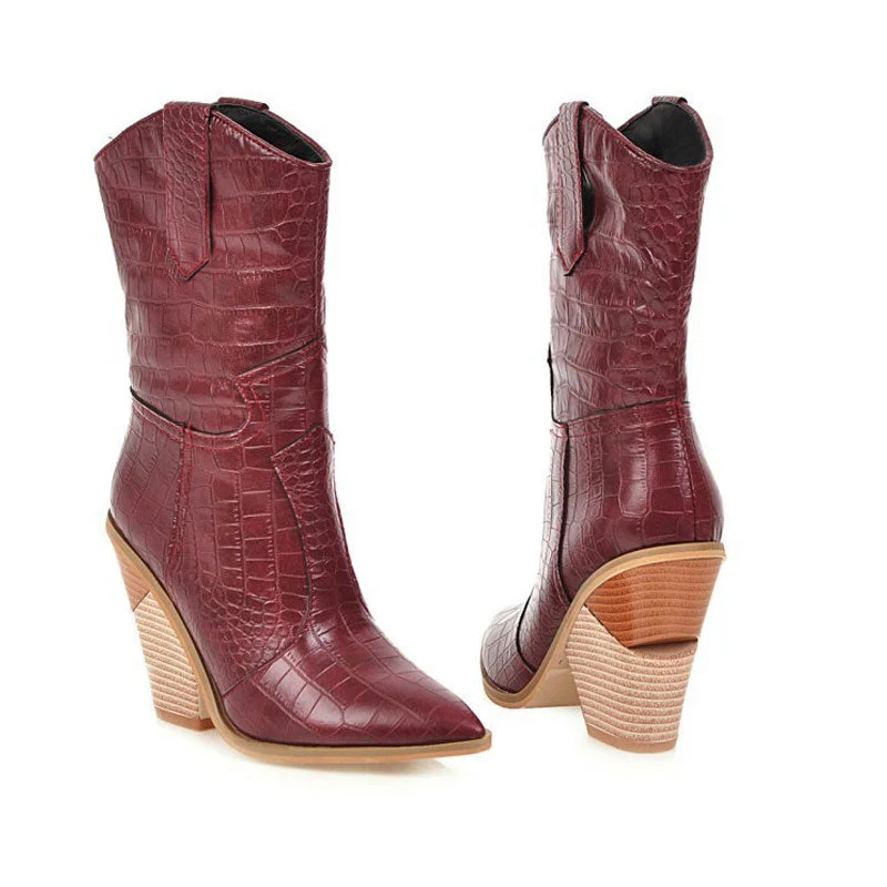 Classy Croc Effect Geometric Heel Mid Calf Western Boots - Burgundy - Image 3