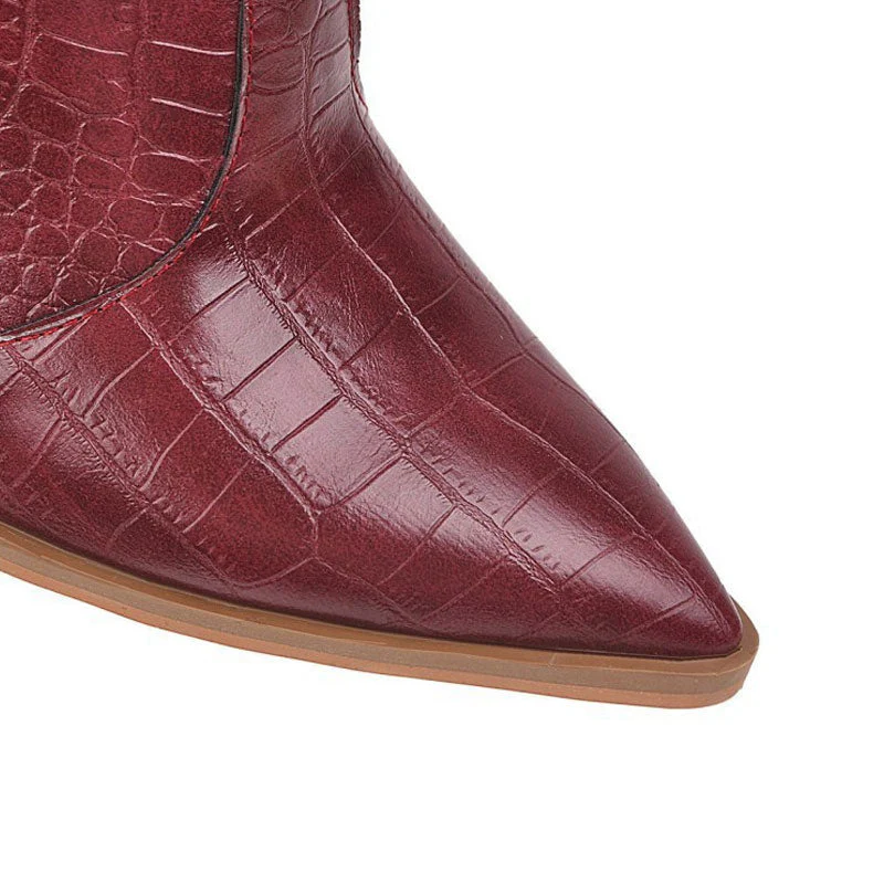 Classy Croc Effect Geometric Heel Mid Calf Western Boots - Burgundy - Image 4