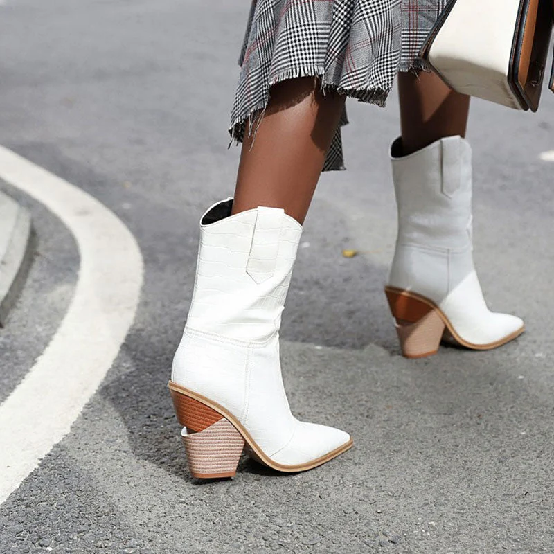 Classy Croc Effect Geometric Heel Mid Calf Western Boots - White - Image 2