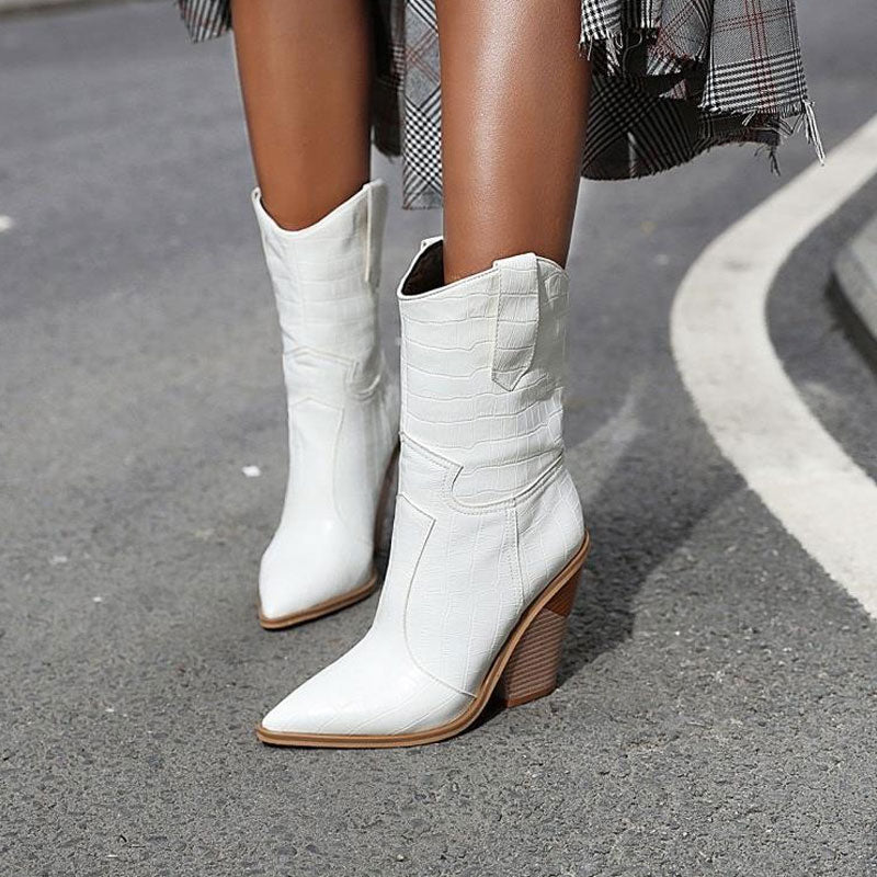 Classy Croc Effect Geometric Heel Mid Calf Western Boots - White - Image 3