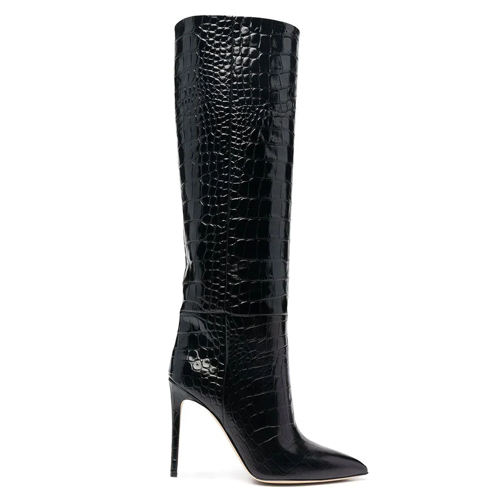 Classy Crocodile Effect Pointed Toe Knee High Stiletto Boots - Black - Image 3