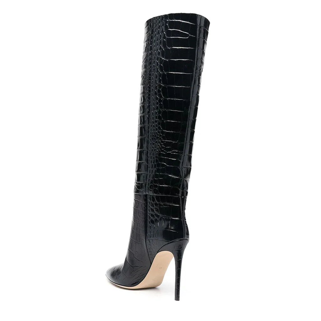 Classy Crocodile Effect Pointed Toe Knee High Stiletto Boots - Black - Image 4