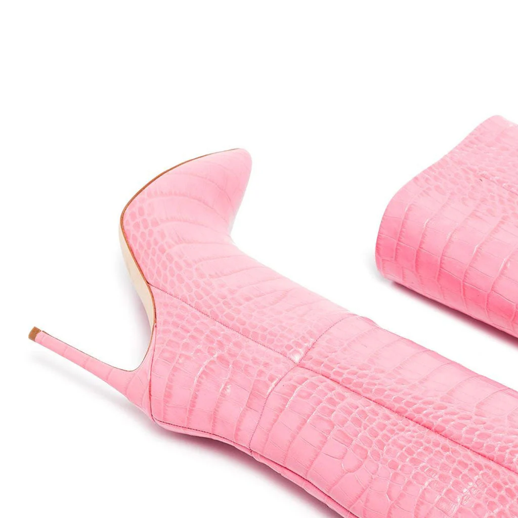 Classy Crocodile Effect Pointed Toe Knee High Stiletto Boots - Pink - Image 4