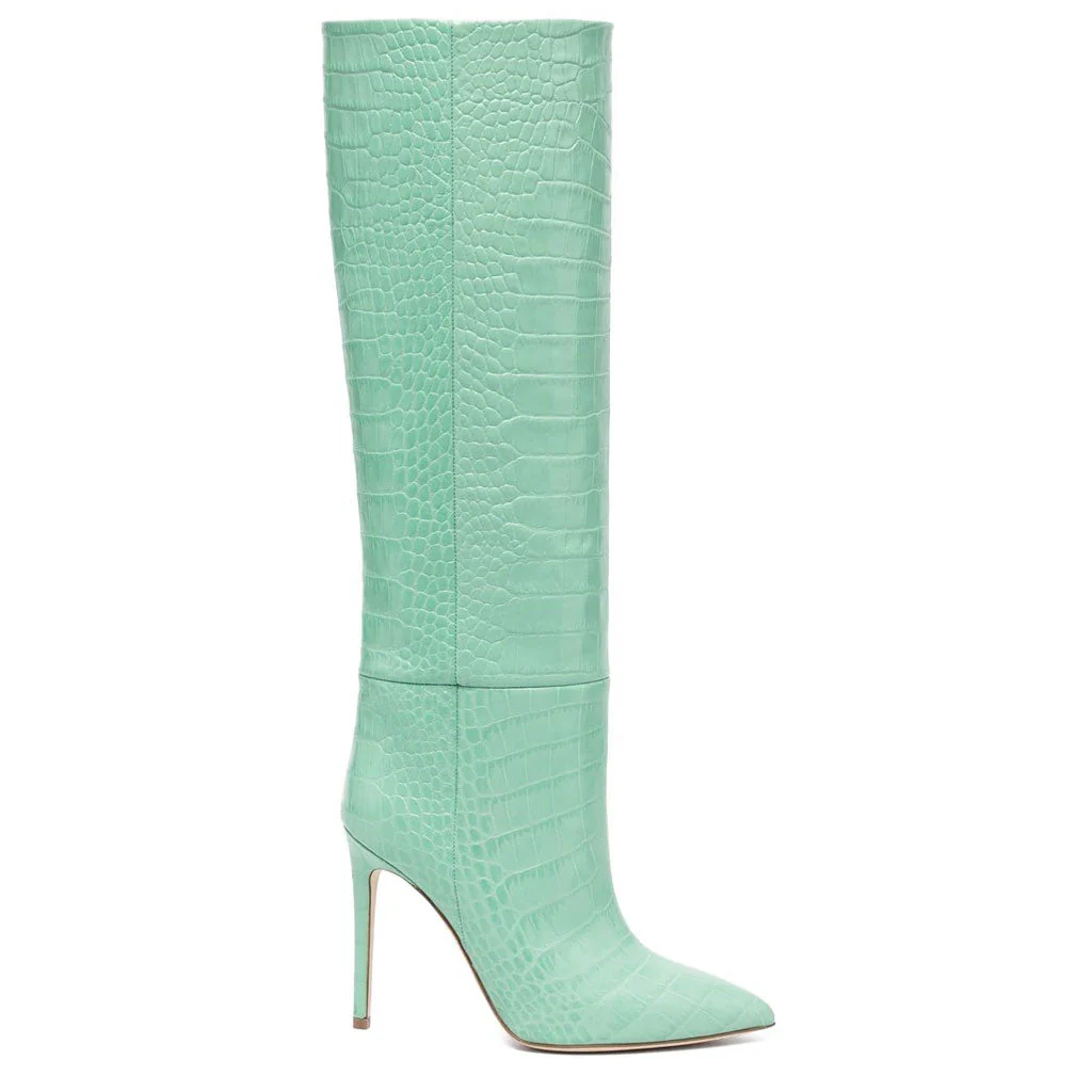 Classy Crocodile Effect Pointed Toe Knee High Stiletto Boots - Wasabi Green - Image 2