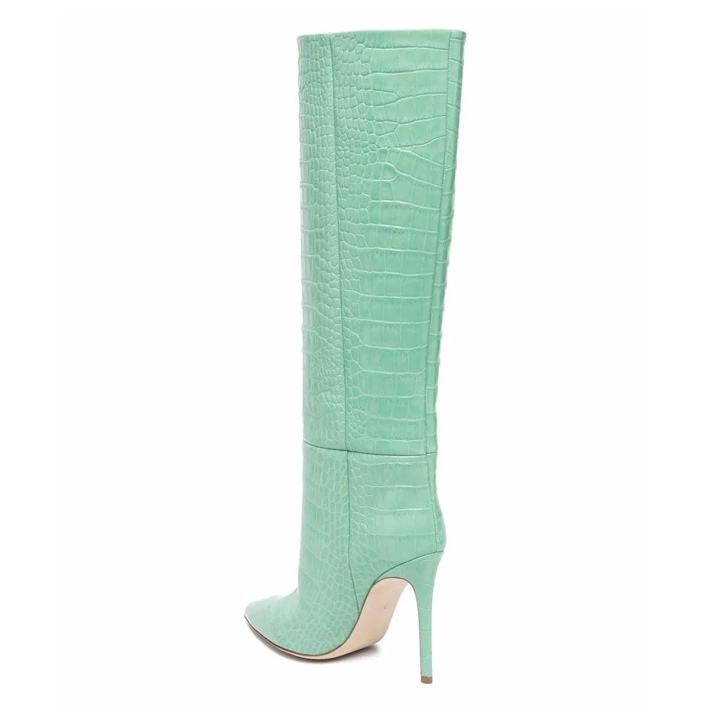 Classy Crocodile Effect Pointed Toe Knee High Stiletto Boots - Wasabi Green - Image 3