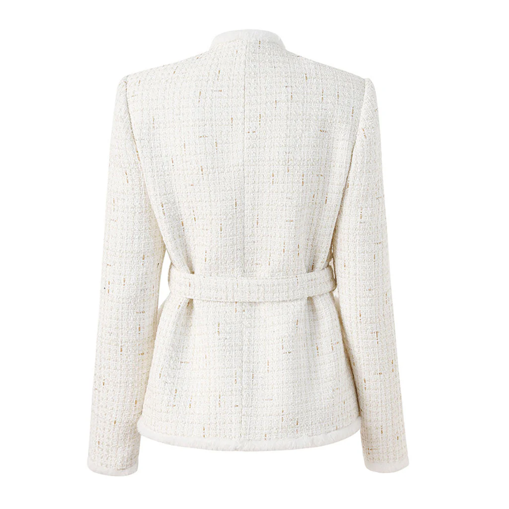 Classy Faux Fur Trim Mock Neck Button Up Lurex Stitch Belted Tweed Jacket - Image 2