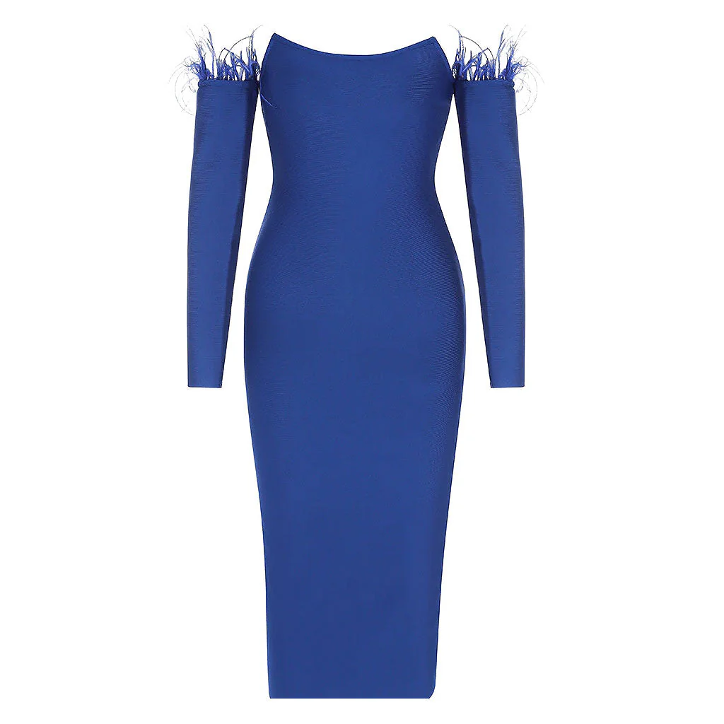 Classy Feather Off The Shoulder Back Slit Midi Bandage Dress - Royal Blue - Image 4