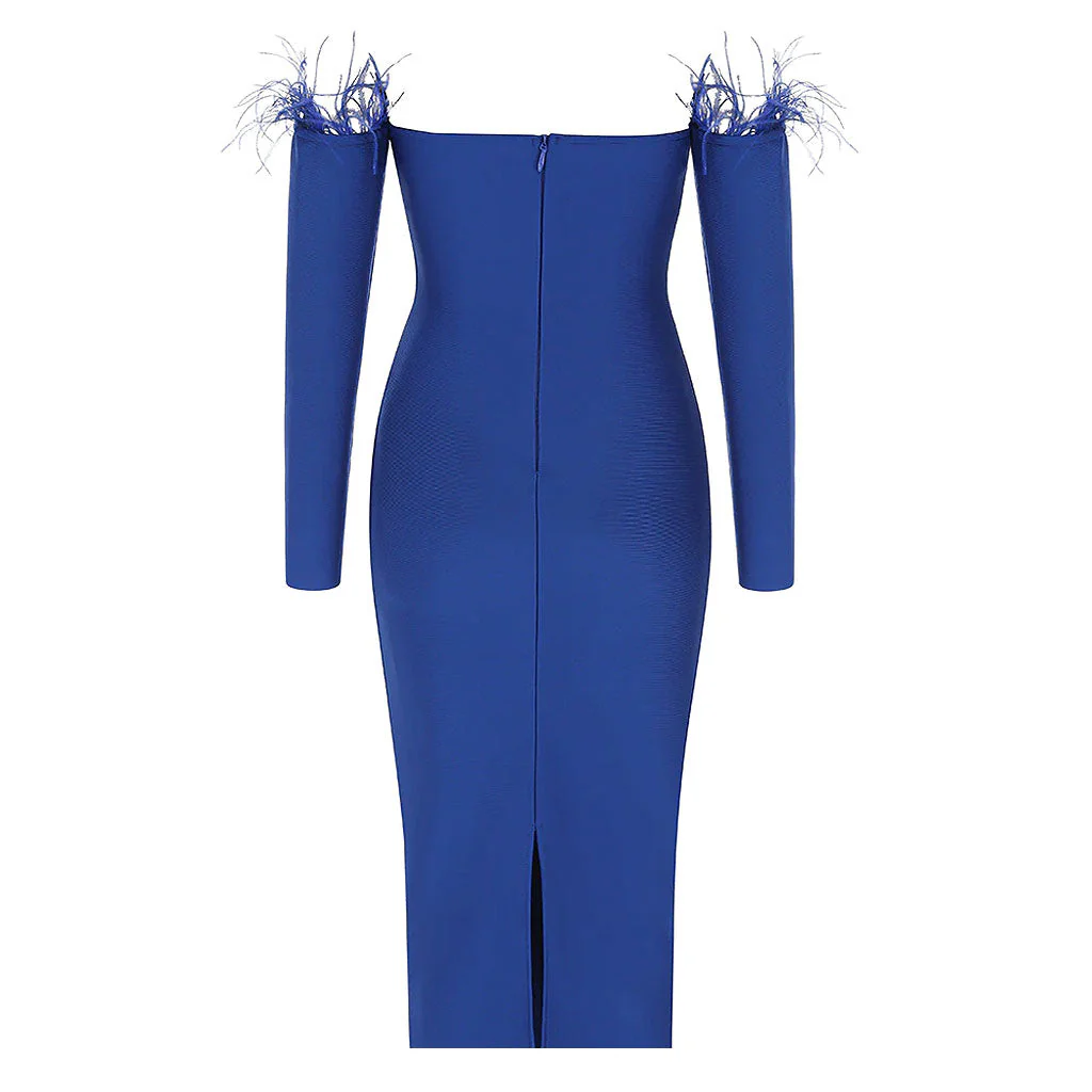 Classy Feather Off The Shoulder Back Slit Midi Bandage Dress - Royal Blue - Image 5