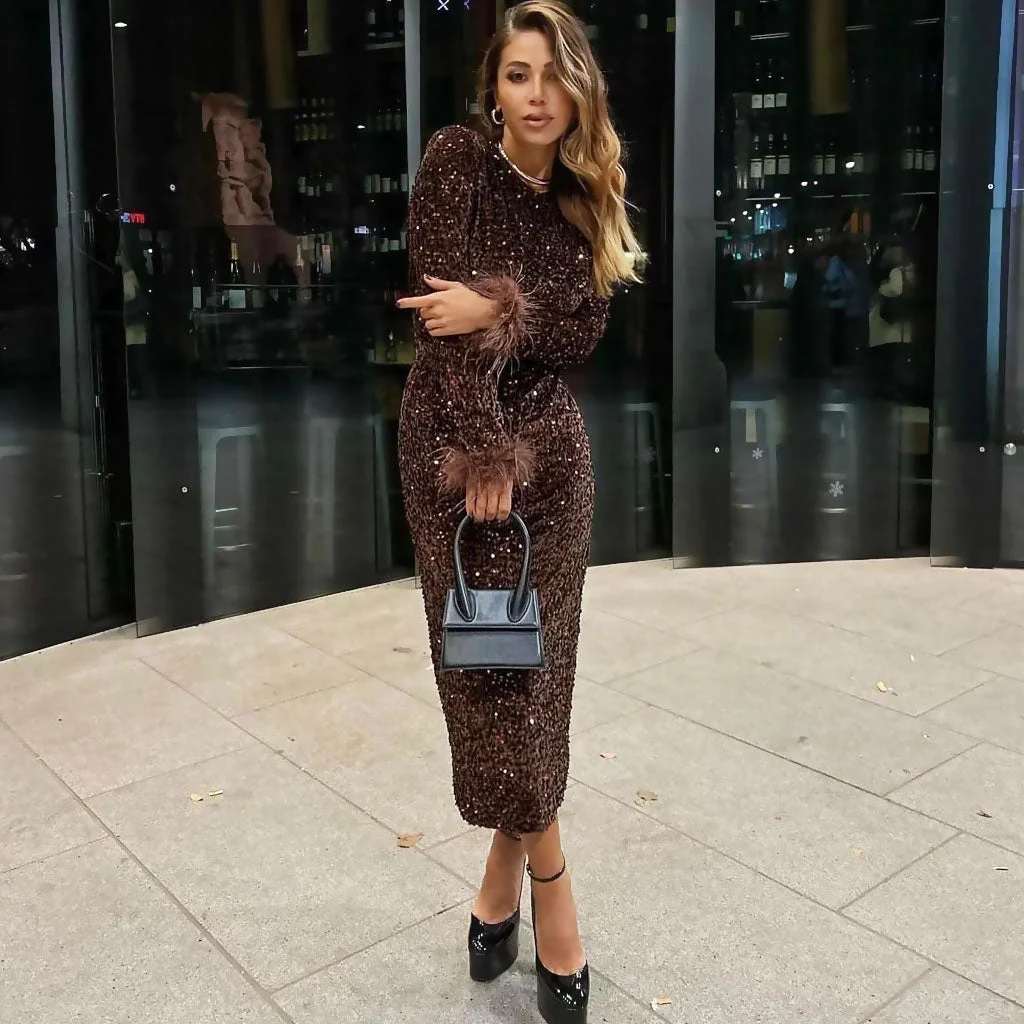 Classy Feather Trim Long Sleeve Back Slit Midi Sequin Dress - Coffee - Image 3
