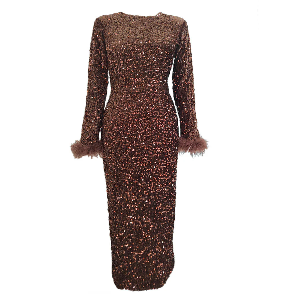Classy Feather Trim Long Sleeve Back Slit Midi Sequin Dress - Coffee - Image 4