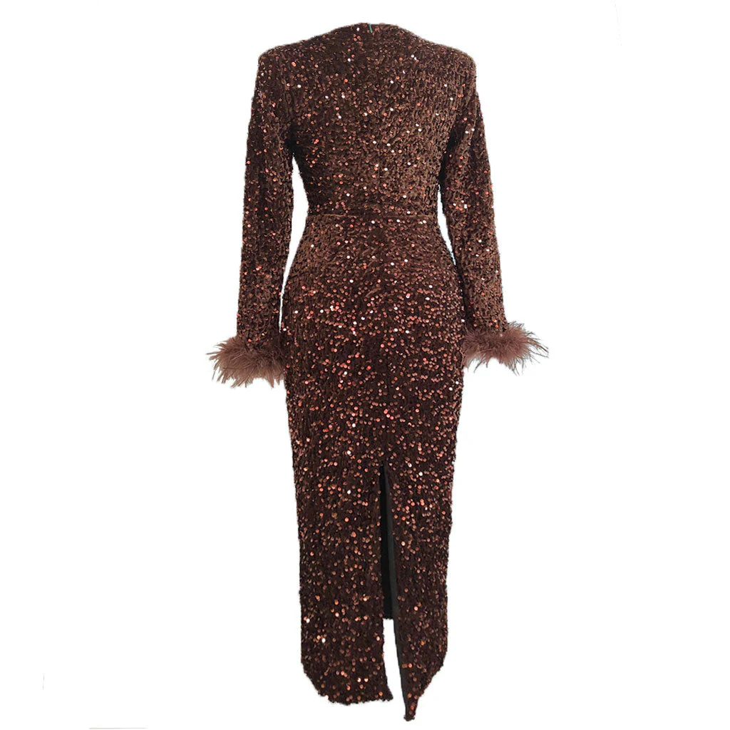 Classy Feather Trim Long Sleeve Back Slit Midi Sequin Dress - Coffee - Image 5