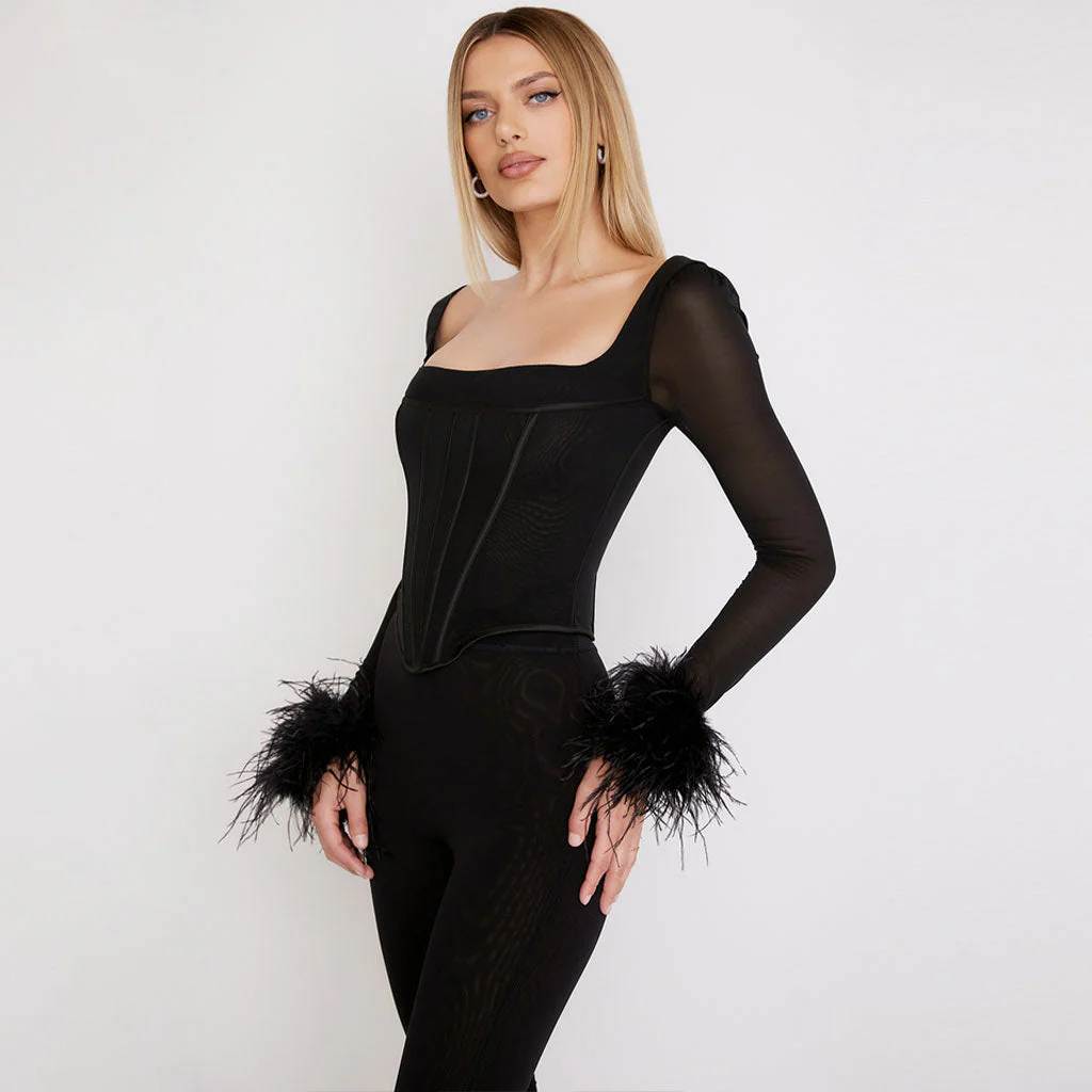 Classy Feather Trimmed Mesh Corset Long Sleeve Top - Black - Image 2