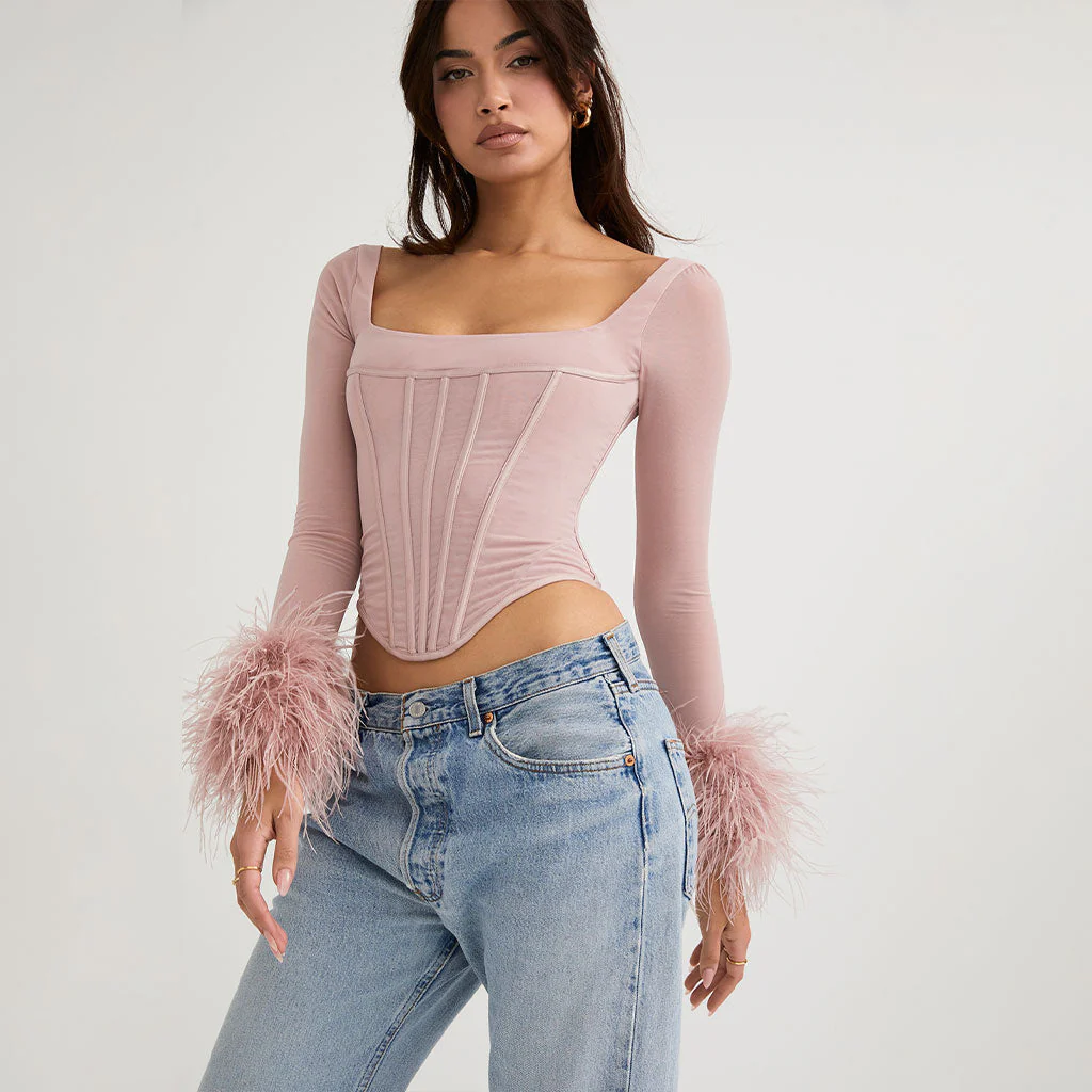 Classy Feather Trimmed Mesh Corset Long Sleeve Top - Pink - Image 2