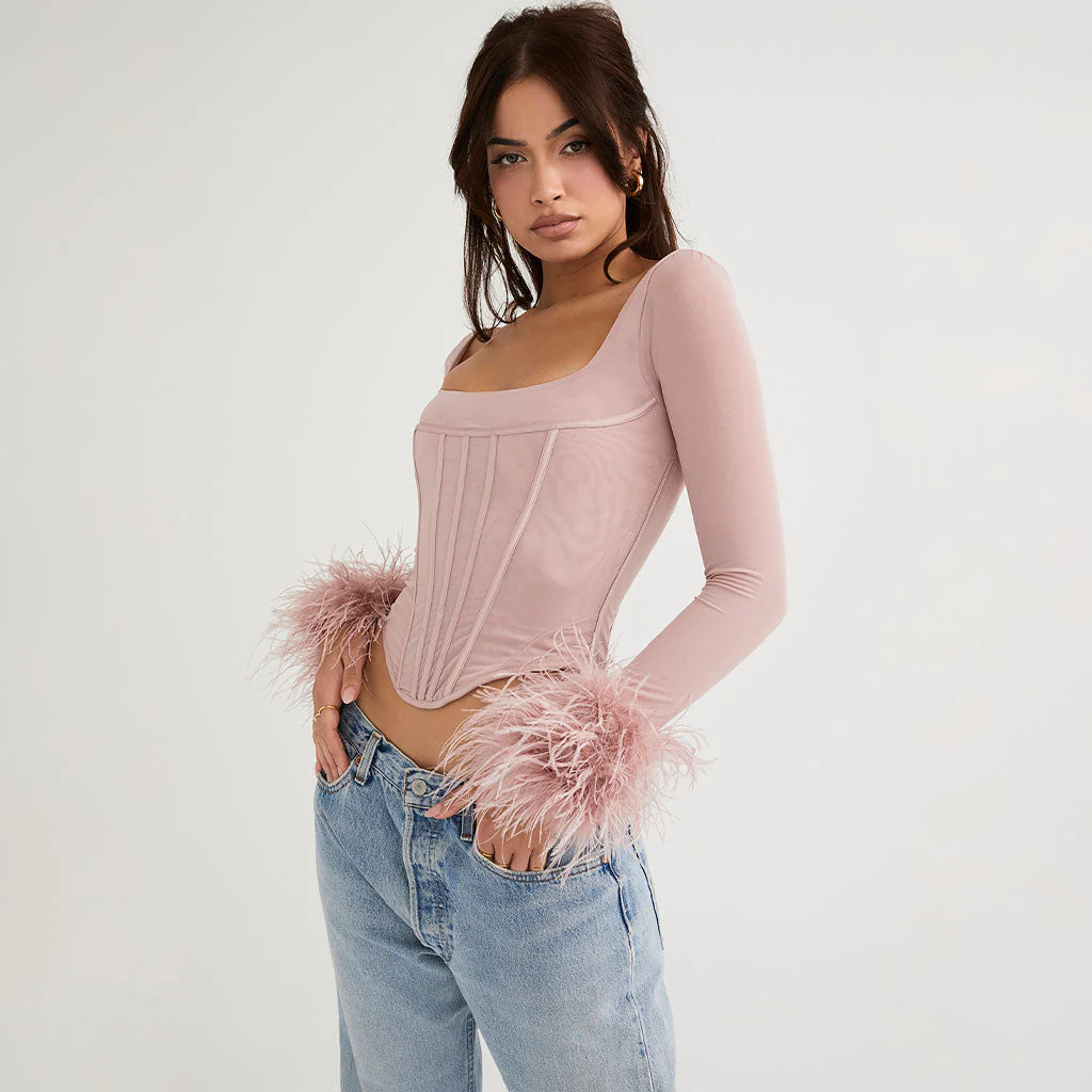 Classy Feather Trimmed Mesh Corset Long Sleeve Top - Pink - Image 3