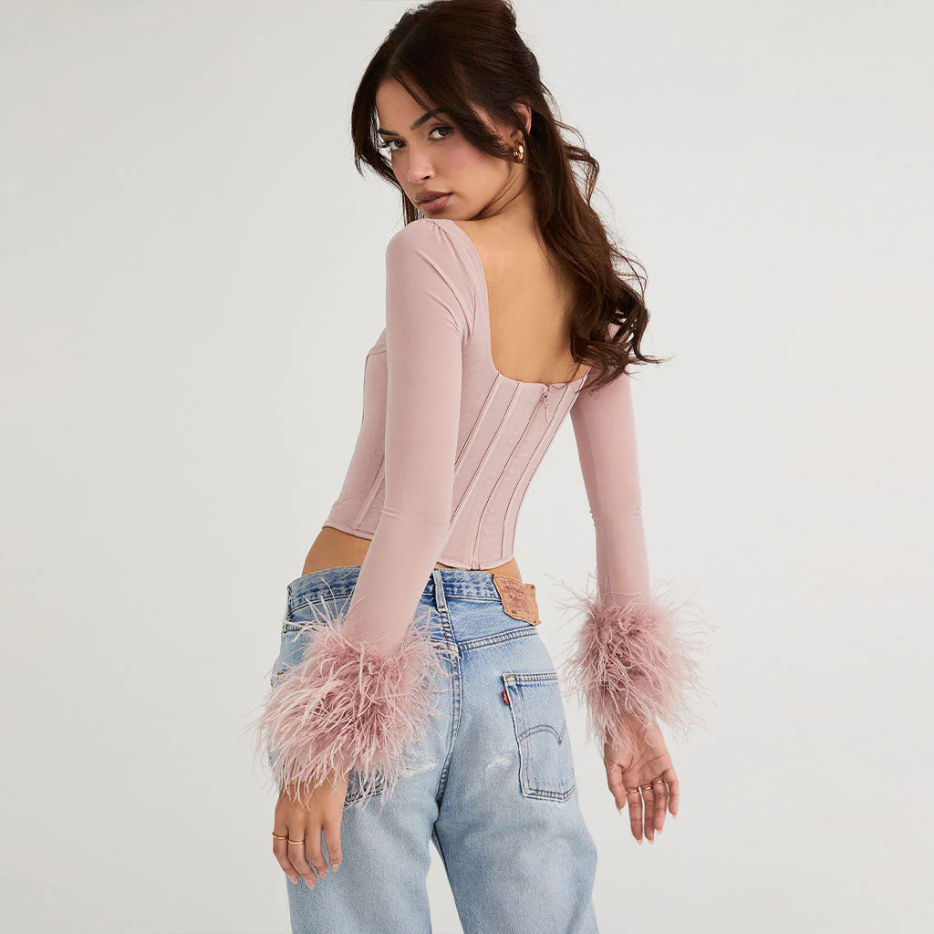 Classy Feather Trimmed Mesh Corset Long Sleeve Top - Pink - Image 4
